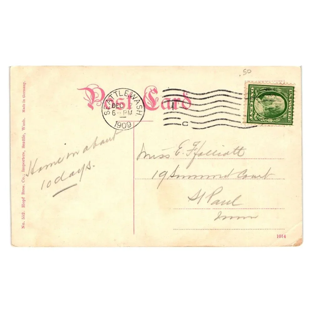 Antique 1909 Postcard Alaska Building 2nd Avenue Seattle Streetcars Vintage